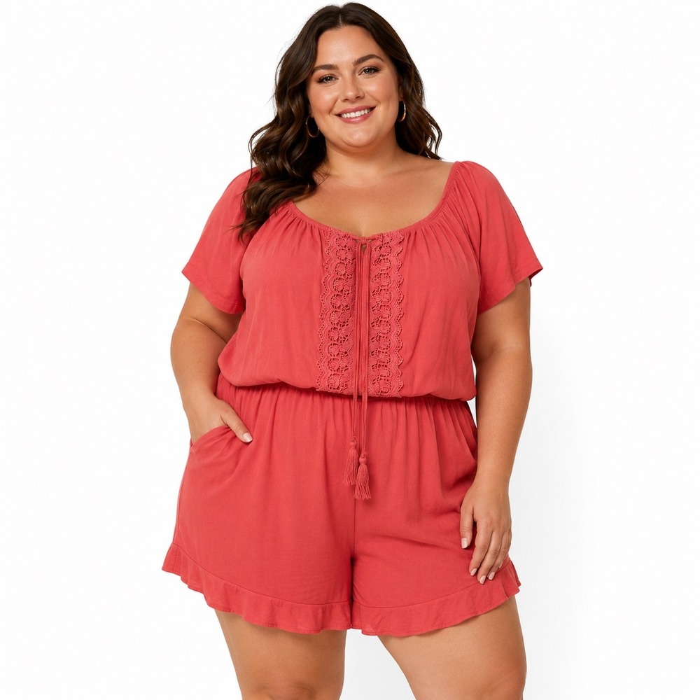 rue+ Coral Crochet Lace Tassel Romper Plus Size 3X‎ Boho Ruffle Trim Shorts Soft
